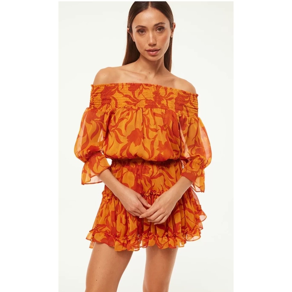MISA Darla ruffle floral chiffon mini Dress Size S orange bright club party chic